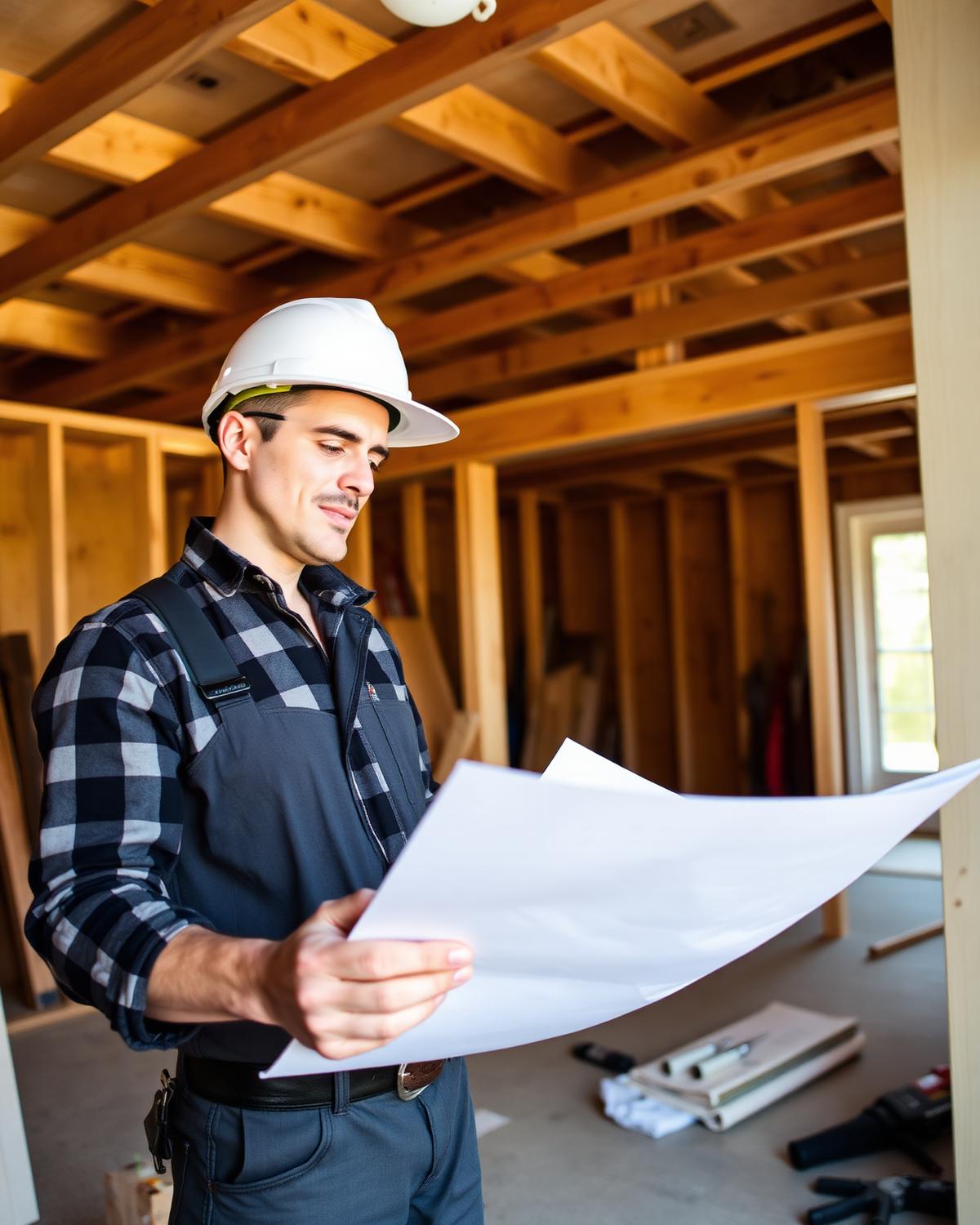 Entrepreneur en construction consultant des plans sur un chantier résidentiel
