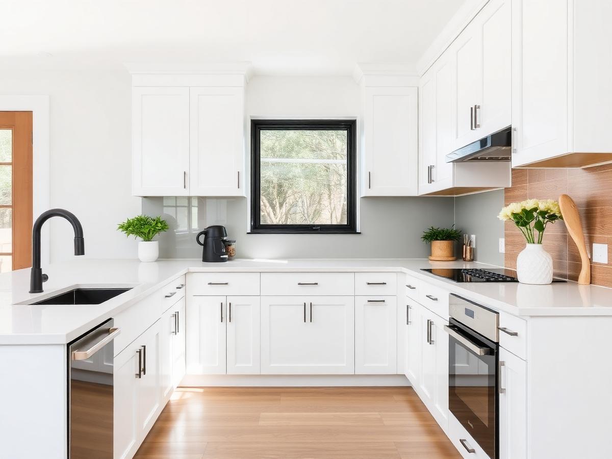 Cuisine rénovée aux armoires blanches et accents de bois