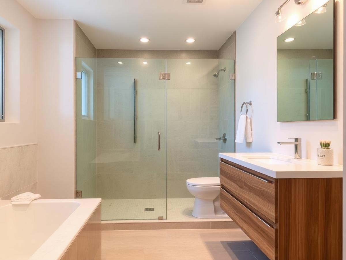 Salle de bain rénovée avec douche vitrée et vanité en bois